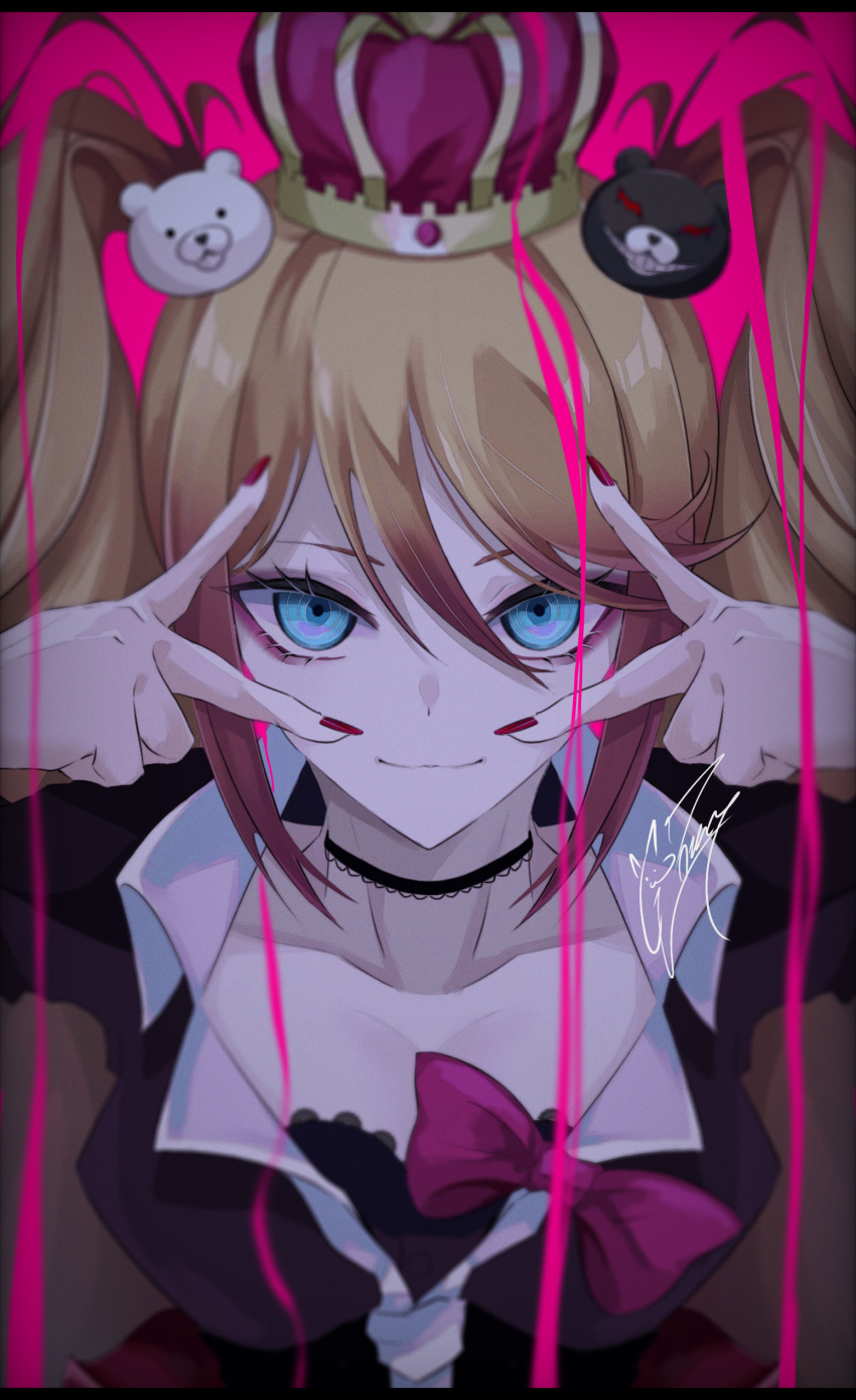 1girl absurdres bangs bear_hair_ornament black_choker black_shirt blonde_hair blue_eyes bow breasts choker commentary_request crown danganronpa:_trigger_happy_havoc danganronpa_(series) double_v enoshima_junko goma_irasuto hair_ornament highres long_hair looking_at_viewer necktie pink_background pink_bow red_nails red_skirt shiny shiny_hair shirt skirt smile solo twintails v v_over_eye