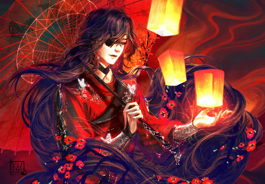 1boy absurdres artist_name black_hair black_neckwear bug butterfly chinese_clothes eyepatch flower highres holding holding_umbrella hua_cheng lantern long_hair oil-paper_umbrella over_shoulder paper_lantern red_flower sitting solo tian_guan_ci_fu umbrella very_long_hair white_butterfly yuuefa