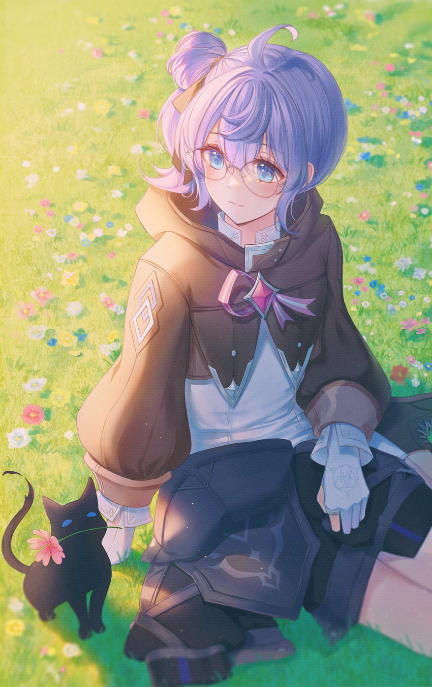 1girl ahoge animal bangs black_cat black_footwear black_jacket black_ribbon blue_eyes blue_flower blush capelet cat closed_mouth commentary_request dress elsword eyebrows_visible_through_hair field flower flower_field flower_in_mouth glasses gloves grass hair_between_eyes hair_ribbon highres hood hood_down hooded_capelet jacket jacket_removed lium long_sleeves looking_at_another looking_to_the_side outdoors partially_fingerless_gloves pink_flower ponytail purple_hair ribbon short_hair side_ponytail sidelocks sitting white_dress white_flower white_gloves yuria_(elsword)