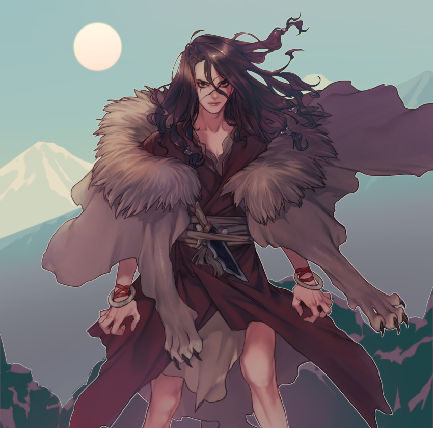 1boy absurdres bangs black_hair cloak collarbone dr._stone feet_out_of_frame floating_hair fur_trim hair_ornament highres knife legs_apart long_hair looking_at_viewer mountainous_horizon outdoors red_cloak red_eyes rei_(tdn_ng) scar scar_on_face serious shiny shiny_hair shishiou_tsukasa solo standing sun tooth wavy_hair