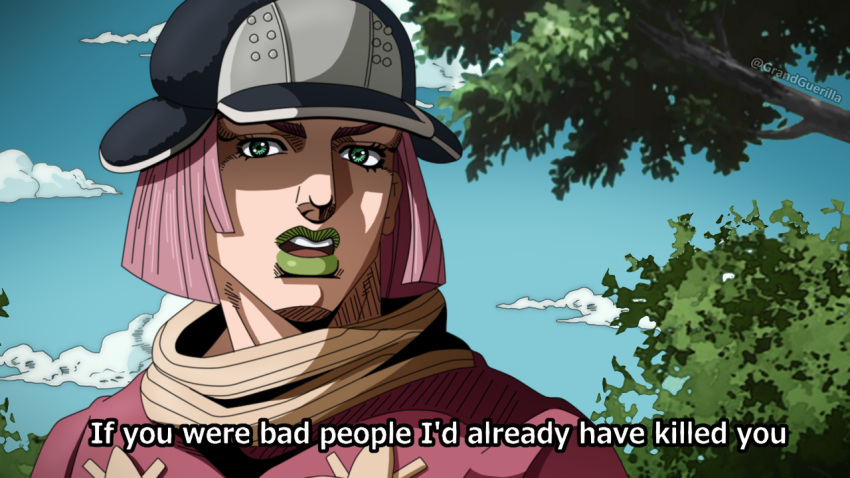 1girl araki_hirohiko_(style) bob_cut day fake_screenshot forest grandguerrilla green_eyes green_lips hat hot_pants_(sbr) jojo_no_kimyou_na_bouken lipstick looking_at_viewer makeup medium_hair nature official_style outdoors pink_hair solo steel_ball_run subtitled tree twitter_username