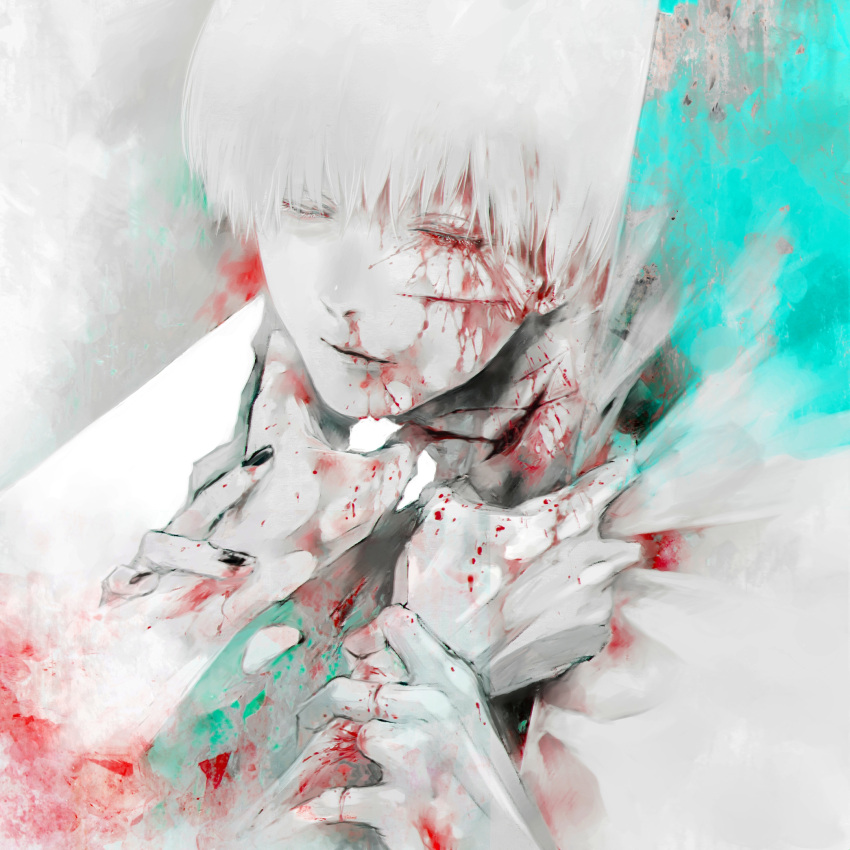 1boy 1other amputee black_nails blood blood_from_eyes blood_from_mouth blood_on_arm blood_on_clothes blood_on_face closed_eyes closed_mouth commentary_request cuts green_background grey_background highres injury kaneki_ken koujima_shikasa looking_at_viewer male_focus missing_finger nail_polish nosebleed shirt solo_focus tokyo_ghoul upper_body