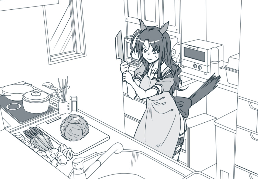 1girl animal_ears apron bow carrot chopsticks cutting_board ear_covers greyscale holding holding_knife horse_ears horse_girl horse_tail indoors king_halo_(umamusume) kitchen knife lettuce long_hair microwave monochrome omaep one_side_up pot puffy_short_sleeves puffy_sleeves school_uniform short_sleeves sink skirt solo spatula stove sweatdrop tail tail_raised tracen_school_uniform umamusume window wok