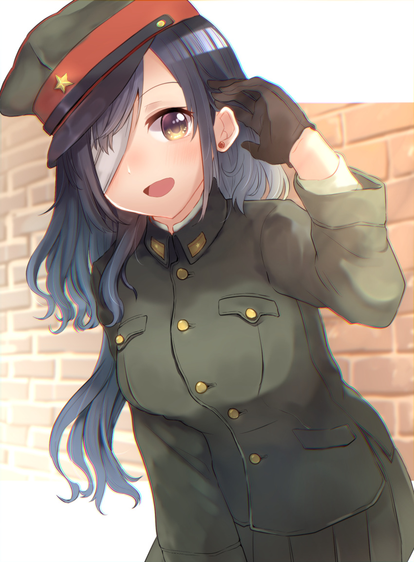 1girl :d bangs black_hair boots brick_wall brown_gloves earrings gloves green_headwear green_shirt green_skirt hair_between_eyes hat highres imperial_japanese_army jewelry knee_boots long_hair long_sleeves looking_at_viewer military military_hat military_uniform one_eye_covered open_mouth original ponkan_(ma_hassaku) shirt skirt smile solo uniform world_war_ii yellow_eyes