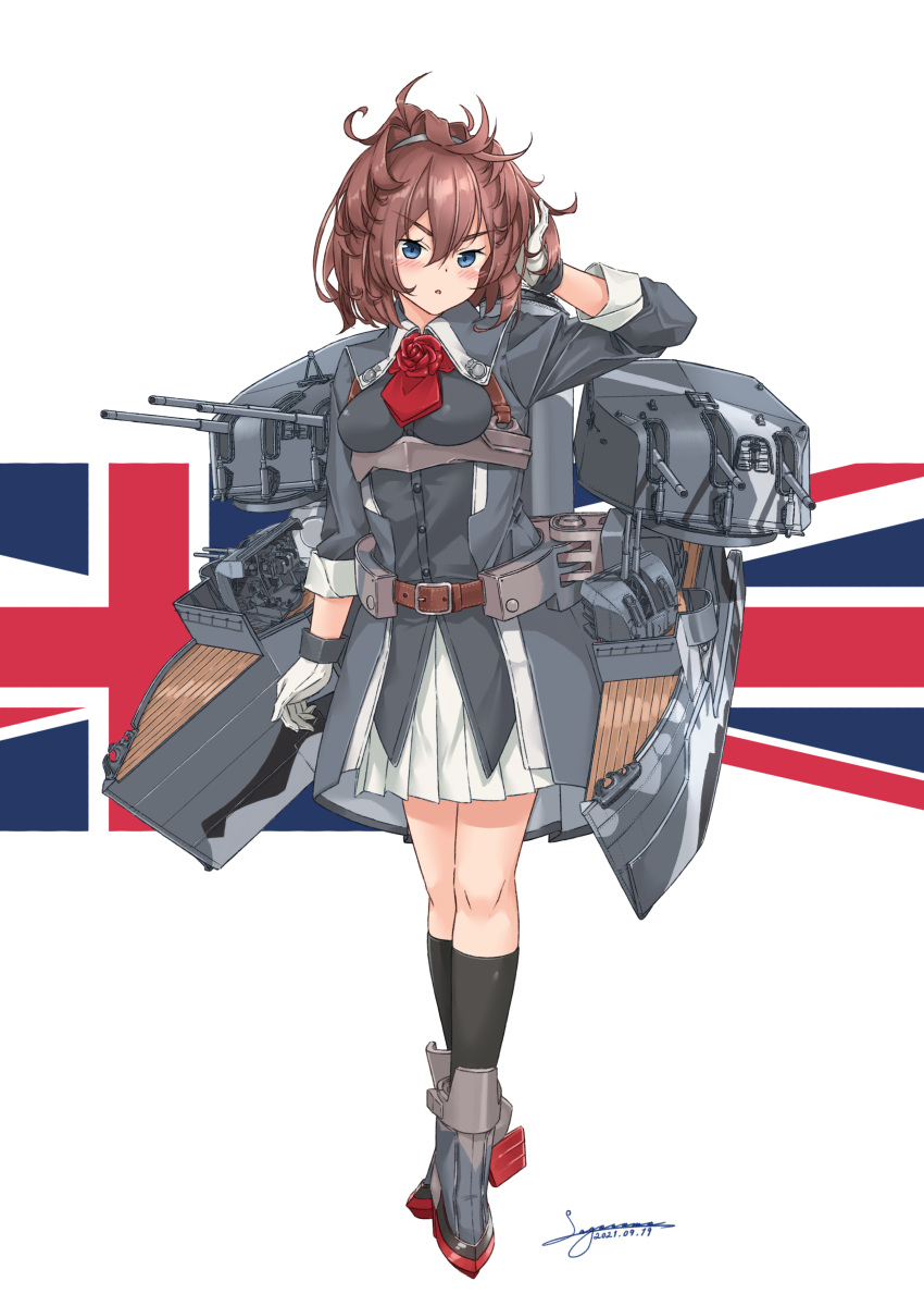 1girl absurdres ascot belt blue_eyes breasts brown_belt brown_hair cannon flower full_body gloves highres kantai_collection long_hair messy_hair military military_uniform miniskirt pleated_skirt red_flower red_neckwear red_rose rigging rose sagoromo_04 sheffield_(kancolle) skirt small_breasts solo turret uniform white_gloves white_skirt