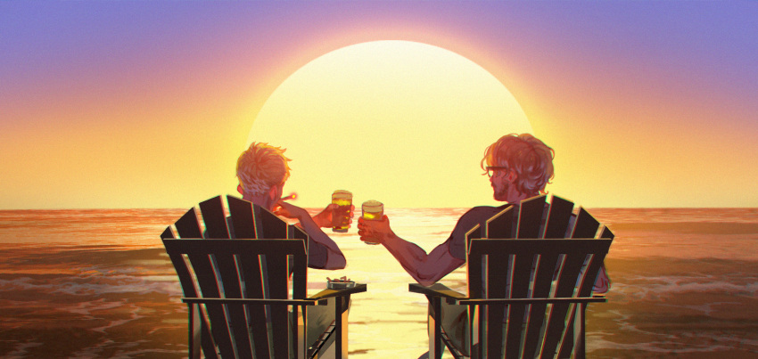 2boys alcohol ashtray beach beer beer_mug blonde_hair chair character_request cigarette cup drink facial_hair glasses highres holding holding_cup hotline_miami jacket male_focus meipu_hm mug multiple_boys ocean outdoors pants richard_(hotline_miami) shirt short_hair sitting smoke smoking stubble sun sunset toast_(gesture)