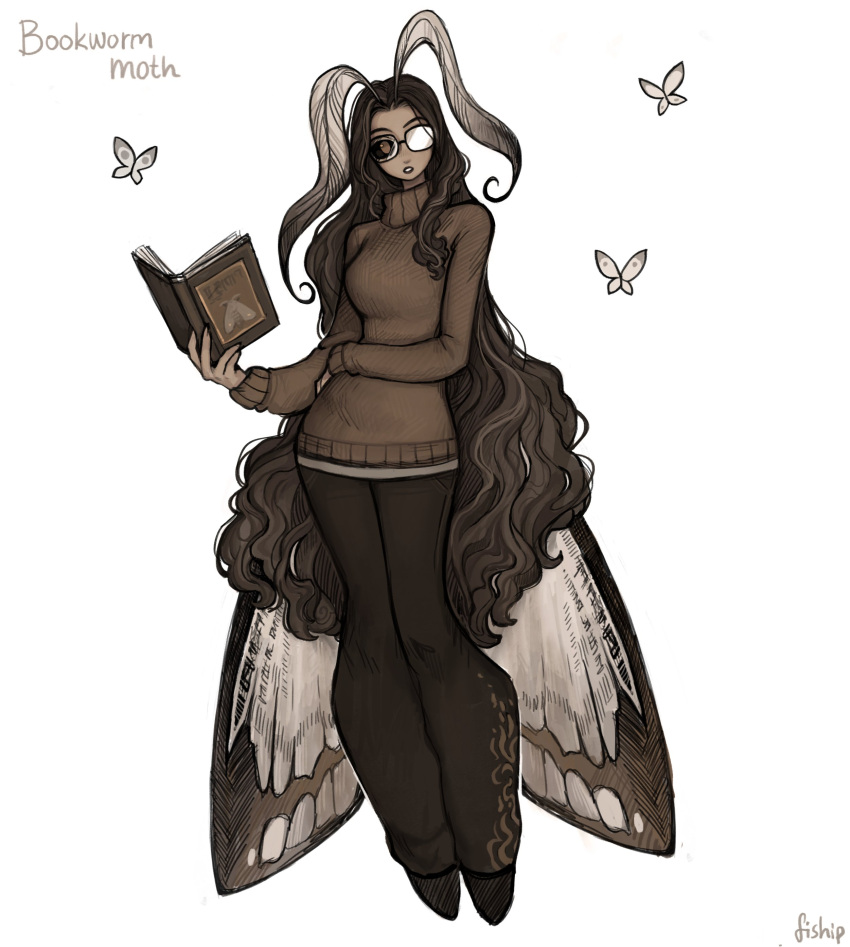 1girl absurdres antennae arm_under_breasts arthropod_girl artist_name black_lips black_pants black_sclera book breasts brown_eyes brown_hair brown_sweater bug butterfly colored_sclera commentary english_commentary english_text full_body glasses highres holding holding_book long_hair long_sleeves looking_at_viewer matilda_fiship medium_breasts monster_girl moth_girl moth_wings opaque_glasses open_book original pants parted_lips partially_opaque_glasses simple_background solo sweater turtleneck turtleneck_sweater very_long_hair wavy_hair white_background wings