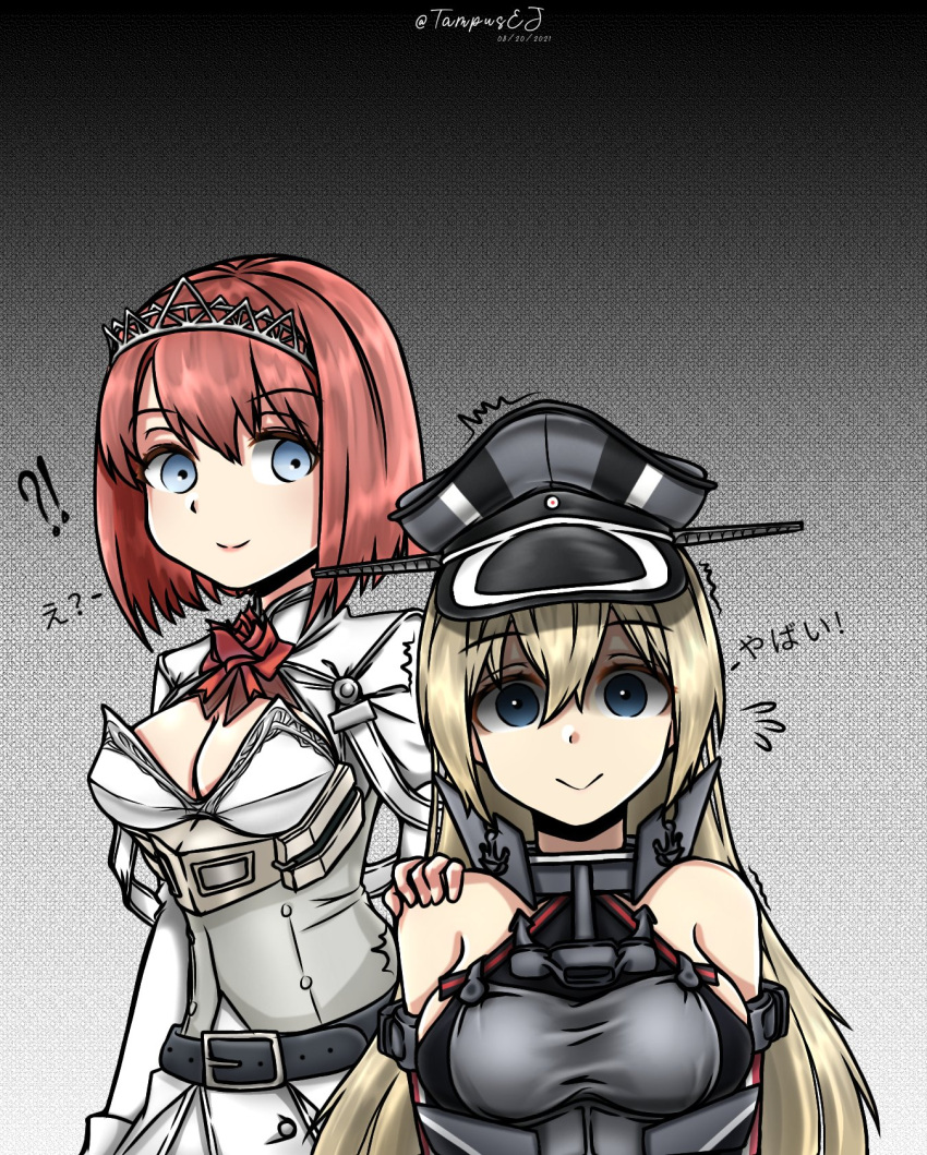 2girls ark_royal_(kancolle) armor bangs bismarck_(kancolle) blonde_hair blue_eyes blunt_bangs bob_cut breastplate breasts cleavage_cutout clothing_cutout corset cowboy_shot dated detached_sleeves empty_eyes english_commentary gradient gradient_background hairband hand_on_another's_shoulder hat highres inverted_bob kantai_collection kazaharu_matsuhata medium_breasts military military_hat military_uniform multiple_girls peaked_cap red_ribbon redhead ribbon short_hair sweat sweating_profusely tiara twitter_username uniform upper_body white_corset