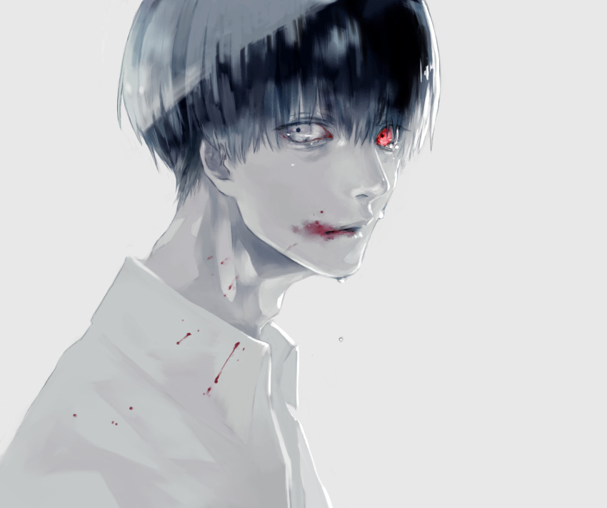 1boy bangs black_hair blood blood_from_mouth blood_on_clothes blood_on_face closed_mouth collared_shirt colored_skin commentary_request from_side grey_background grey_eyes grey_skin highres kaneki_ken koujima_shikasa looking_at_viewer male_focus shirt short_hair simple_background solo spot_color tears tokyo_ghoul upper_body