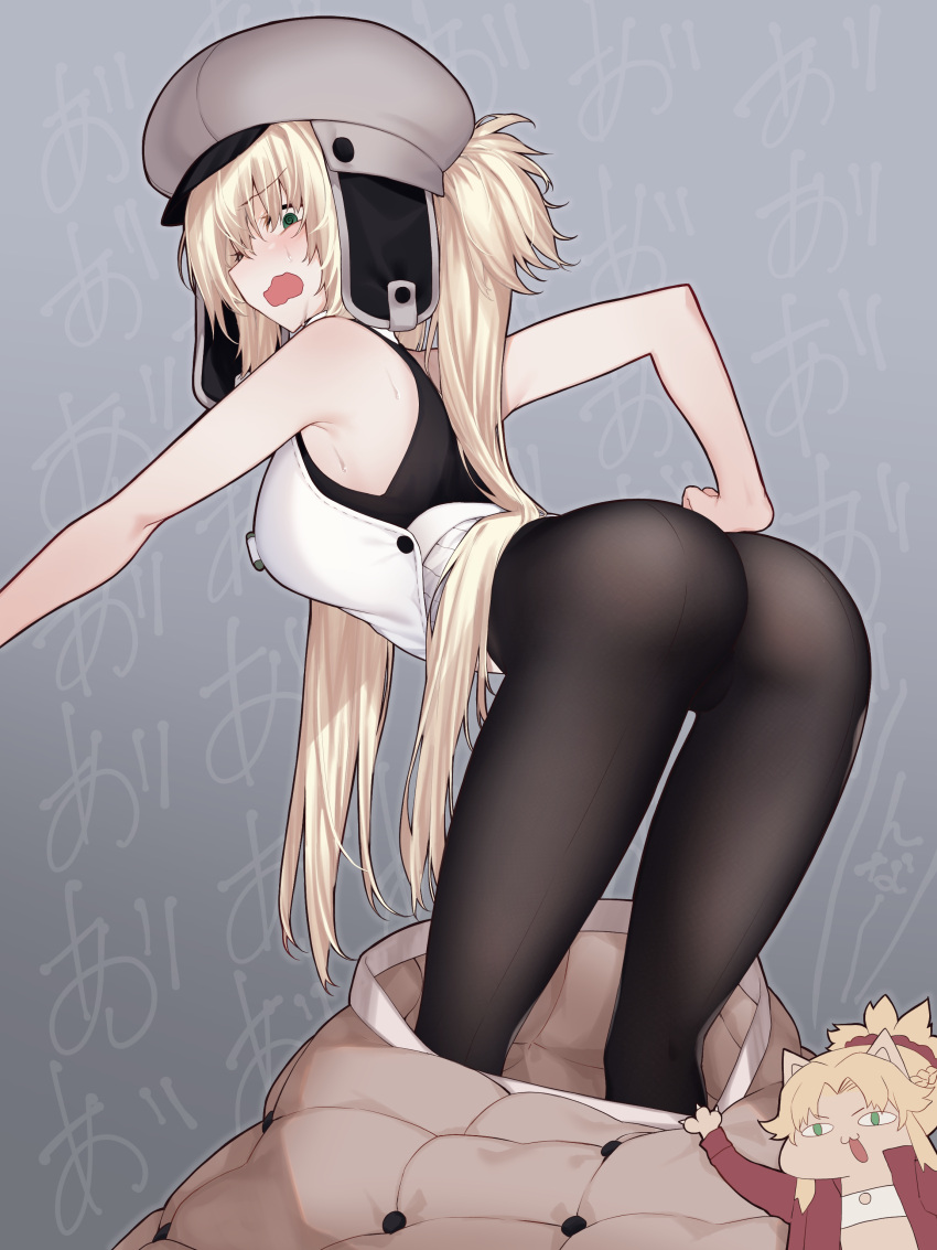 absurdres artoria_pendragon_(caster)_(fate) artoria_pendragon_(fate) ass bangs black_legwear blonde_hair blush breasts chibi fate/apocrypha fate/grand_order fate_(series) green_eyes grey_headwear hat highres long_hair looking_at_viewer looking_back mordred_(fate) mordred_(fate/apocrypha) pantyhose shirt skirt skirt_removed sleeveless small_breasts thighs twintails white_shirt yononaka