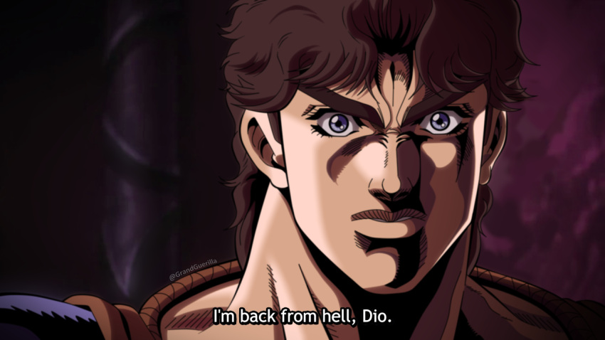 1boy araki_hirohiko_(style) brown_hair derivative_work fake_screenshot grandguerrilla jojo_no_kimyou_na_bouken jonathan_joestar looking_at_viewer male_focus manga_panel_redraw official_style parted_lips phantom_blood solo subtitled twitter_username violet_eyes wide-eyed