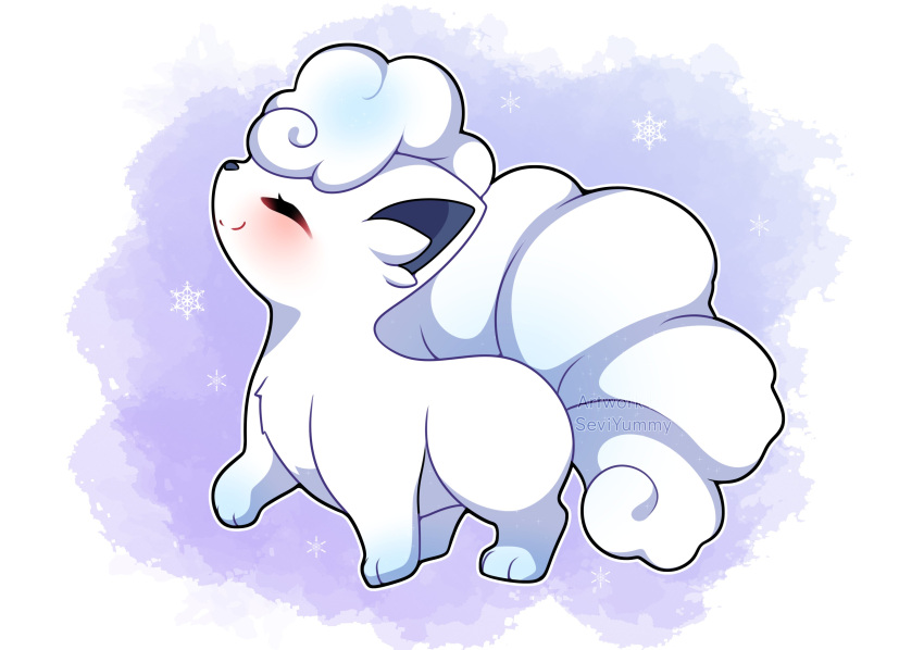 absurdres alolan_form alolan_vulpix artist_name blush closed_eyes closed_mouth commentary english_commentary full_body highres no_humans outline paw_up pink_background pokemon pokemon_(creature) sevi_(seviyummy) solo watermark white_background white_outline