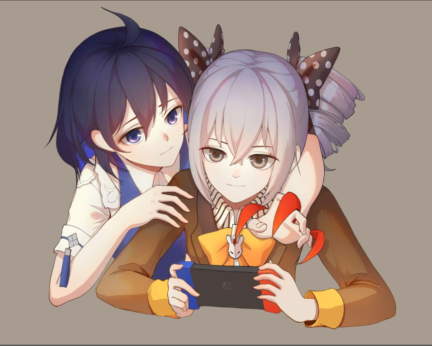 2girls antenna_hair bangs blue_eyes blue_hair bow bowtie bronya_zaychik bronya_zaychik_(wolf's_dawn) brown_background brown_jacket claws closed_mouth controller drawstory drill_hair grey_hair hair_between_eyes hair_ribbon hand_on_another's_shoulder highres holding holding_controller honkai_(series) honkai_impact_3rd jacket long_sleeves looking_at_object multiple_girls nintendo_switch ribbon seele_vollerei seele_vollerei_(swallowtail_phantasm) short_hair short_sleeves simple_background smile twin_drills
