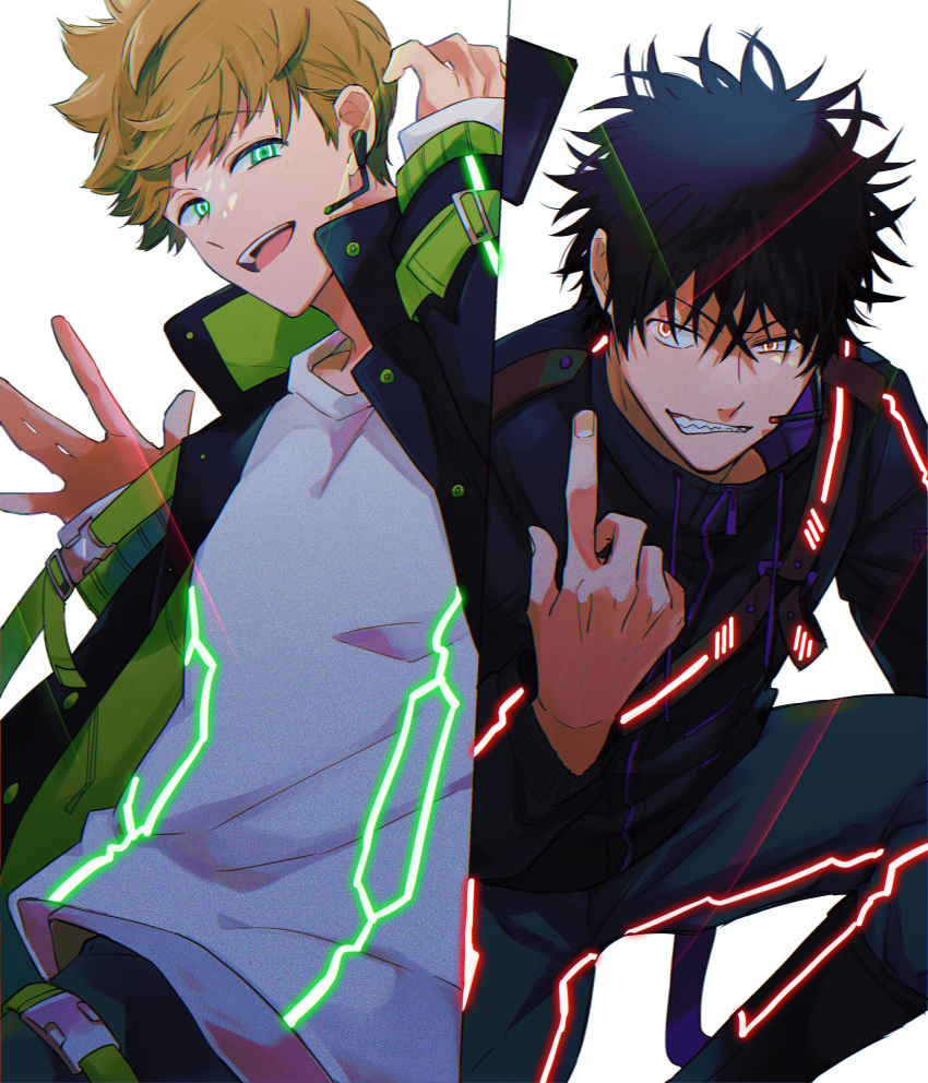 2boys absurdres bangs beckoning belt black_hair black_jacket blonde_hair blue_pants clenched_teeth column_lineup glowing green_eyes hand_up hands_up headset highres htr_wiwi index_finger_raised inukai_sumiharu jacket kageura_masato laser long_sleeves looking_at_viewer male_focus multiple_boys neon_trim one_knee open_mouth pants red_eyes shirt short_hair simple_background smile spiky_hair t-shirt teeth uneven_eyes upper_body waving white_background white_shirt world_trigger