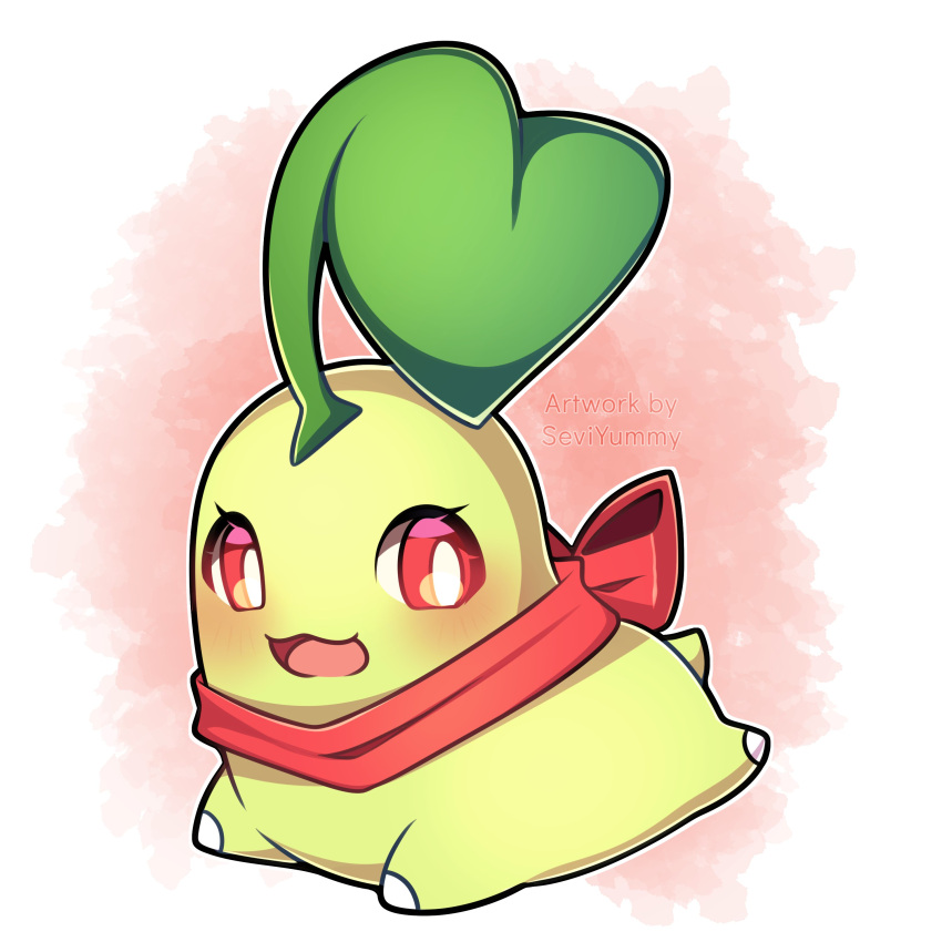 absurdres bow chikorita highres lying no_humans on_stomach open_mouth outline pink_background pokemon pokemon_(creature) red_bow red_eyes red_ribbon ribbon sevi_(seviyummy) solo white_background white_outline