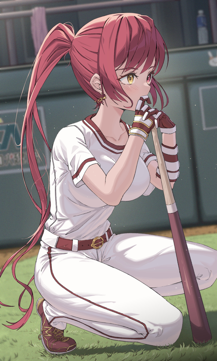 1girl absurdres bangs baseball_bat baseball_uniform belt blush breasts collarbone commentary day earrings eyebrows_visible_through_hair finger_to_mouth from_side full_body gloves grass hands_up heterochromia highres holding holding_baseball_bat hololive houshou_marine huge_filesize jewelry large_breasts light_particles long_hair one_knee outdoors pants ponytail red_belt red_eyes red_footwear red_gloves redhead shirt shoes short_sleeves sidelocks solo sportswear very_long_hair virtual_youtuber white_pants white_shirt yellow_eyes yozora_(1wkdgusdn)