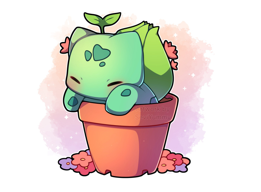 absurdres artist_name bulbasaur closed_mouth commentary english_commentary flower heart highres no_humans outline pink_background pink_flower pokemon pokemon_(creature) pot purple_flower red_flower sevi_(seviyummy) sparkle watermark white_background white_outline