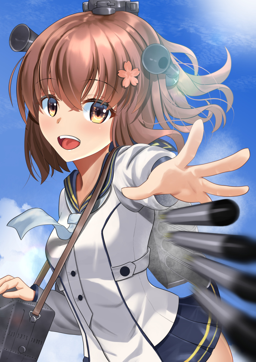 1girl anchor_symbol binoculars black_sailor_collar blue_sky brown_eyes brown_hair cherry_blossoms clouds commentary_request dorachan_r dress flower grey_neckwear hair_flower hair_ornament headset highres kantai_collection missile motion_blur neckerchief open_mouth remodel_(kantai_collection) round_teeth sailor_collar sailor_dress short_hair sky smile solo speaking_tube_headset teeth upper_teeth yukikaze_(kancolle)