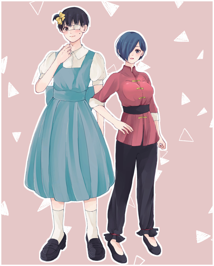 1boy 1girl absurdres bangs belt black_belt black_footwear black_hair black_pants blue_hair blush bow breasts brown_background closed_mouth collared_shirt commentary_request dress eyepatch full_body green_dress hair_bow hair_over_one_eye hand_on_hip highres kaneki_ken kirishima_touka kneehighs large_breasts looking_at_viewer outline pants puffy_short_sleeves puffy_sleeves shirt shoes short_hair short_sleeves smile striped tokyo_ghoul toukaairab white_legwear white_outline yellow_bow