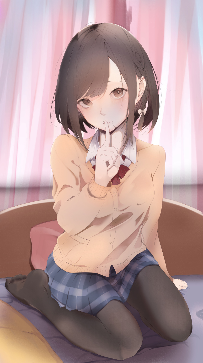 1girl absurdres bad_leg bangs beige_sweater black_hair black_legwear blue_skirt blush bow bowtie braid breasts bright_pupils brown_eyes closed_mouth commentary_request finger_to_mouth french_braid full_body hair_behind_ear hand_up highres hito_komoru_(style) huge_filesize indoors kisaragi_yaya light_smile long_sleeves looking_at_viewer medium_breasts on_bed original pantyhose plaid plaid_skirt red_bow red_neckwear seiza short_hair sitting skirt solo swept_bangs white_pupils wing_collar