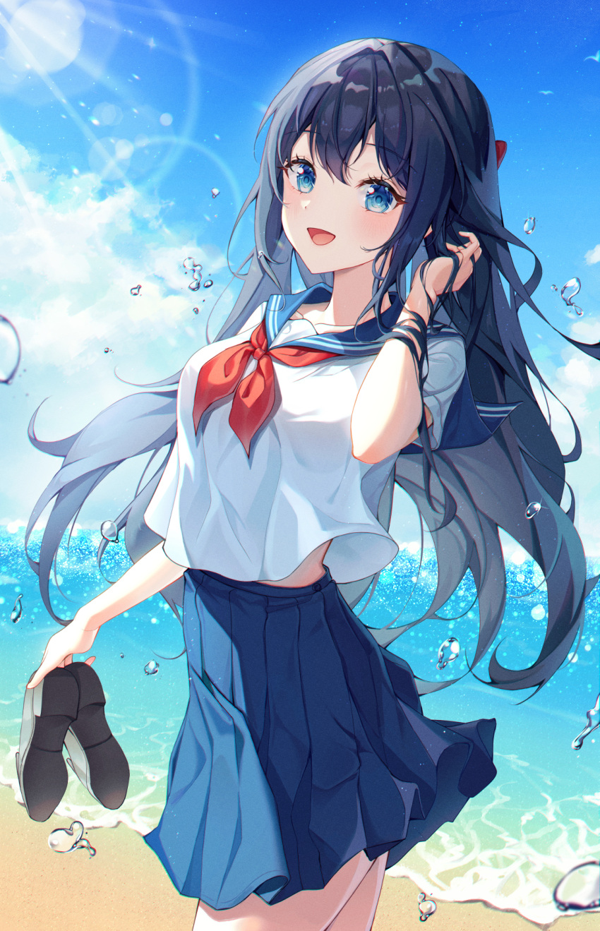 1girl :d bangs beach black_hair blue_eyes blue_sailor_collar blue_skirt blue_sky blush breasts bubble clouds commentary cowboy_shot day english_commentary eyebrows_visible_through_hair hand_in_hair hand_up highres holding holding_shoes long_hair looking_at_viewer medium_breasts neckerchief ocean open_mouth original outdoors pleated_skirt red_neckwear sailor_collar school_uniform serafuku shirt shoes shoes_removed short_sleeves skirt sky smile solo standing tteullie very_long_hair water white_shirt