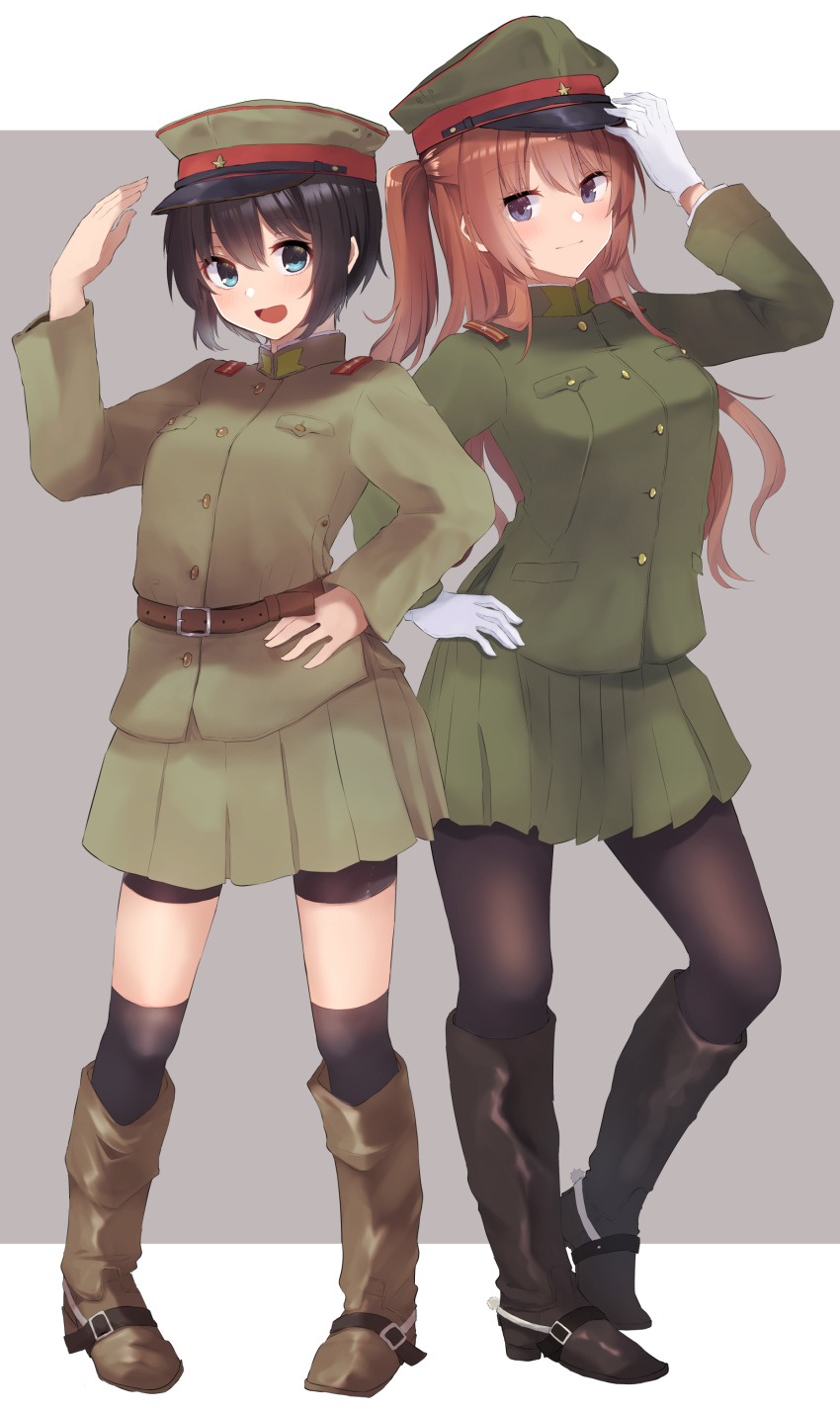 2girls :d absurdres bangs belt belt_buckle black_hair black_legwear blue_eyes boots brown_background brown_footwear brown_hair buckle closed_mouth full_body gloves green_headwear green_shirt green_skirt hair_between_eyes hand_on_hip hat highres imperial_japanese_army knee_boots kneehighs long_hair long_sleeves looking_at_viewer military military_hat military_uniform multiple_girls open_mouth original ponkan_(ma_hassaku) salute shirt short_hair simple_background skirt smile twintails uniform violet_eyes white_gloves world_war_ii