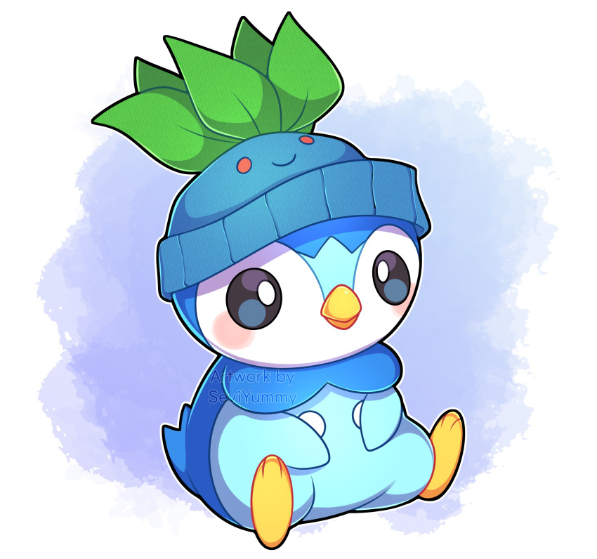 absurdres artist_name beanie black_eyes blush commentary english_commentary hat highres no_humans oddish outline pink_background piplup pokemon pokemon_(creature) sevi_(seviyummy) sitting solo watermark white_background white_outline