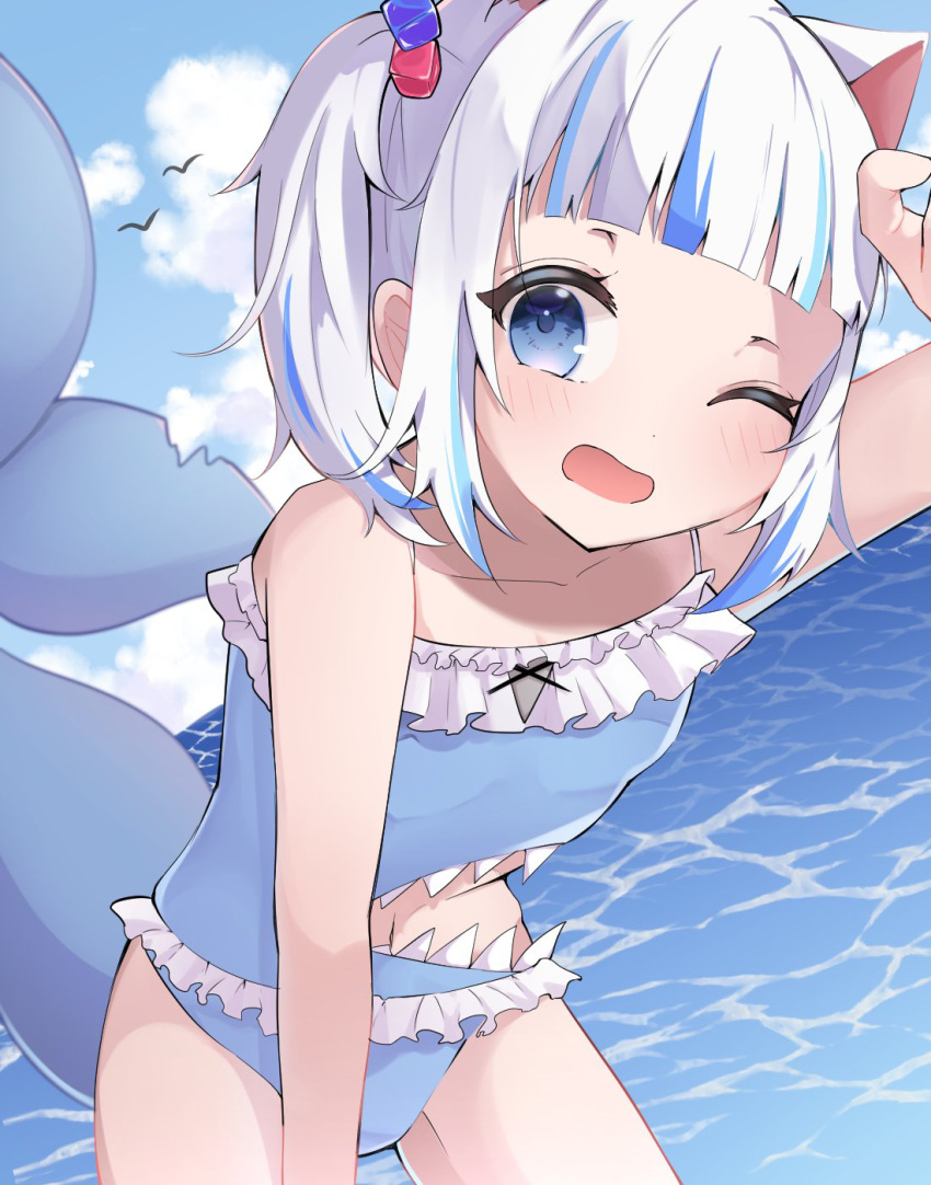 1girl ;d bangs bare_arms bare_shoulders blue_eyes blue_hair blue_sky blue_swimsuit blunt_bangs clothing_cutout clouds collarbone commentary day fish_tail frilled_swimsuit frills gawr_gura hair_cubes hair_ornament highres hololive hololive_english leaning_forward looking_at_viewer meme_attire multicolored_hair navel one-piece_swimsuit one_eye_closed one_side_up open_mouth outdoors shark_tail short_hair sky smile solo stomach_cutout streaked_hair swimsuit tail two-tone_hair uica virtual_youtuber water white_hair