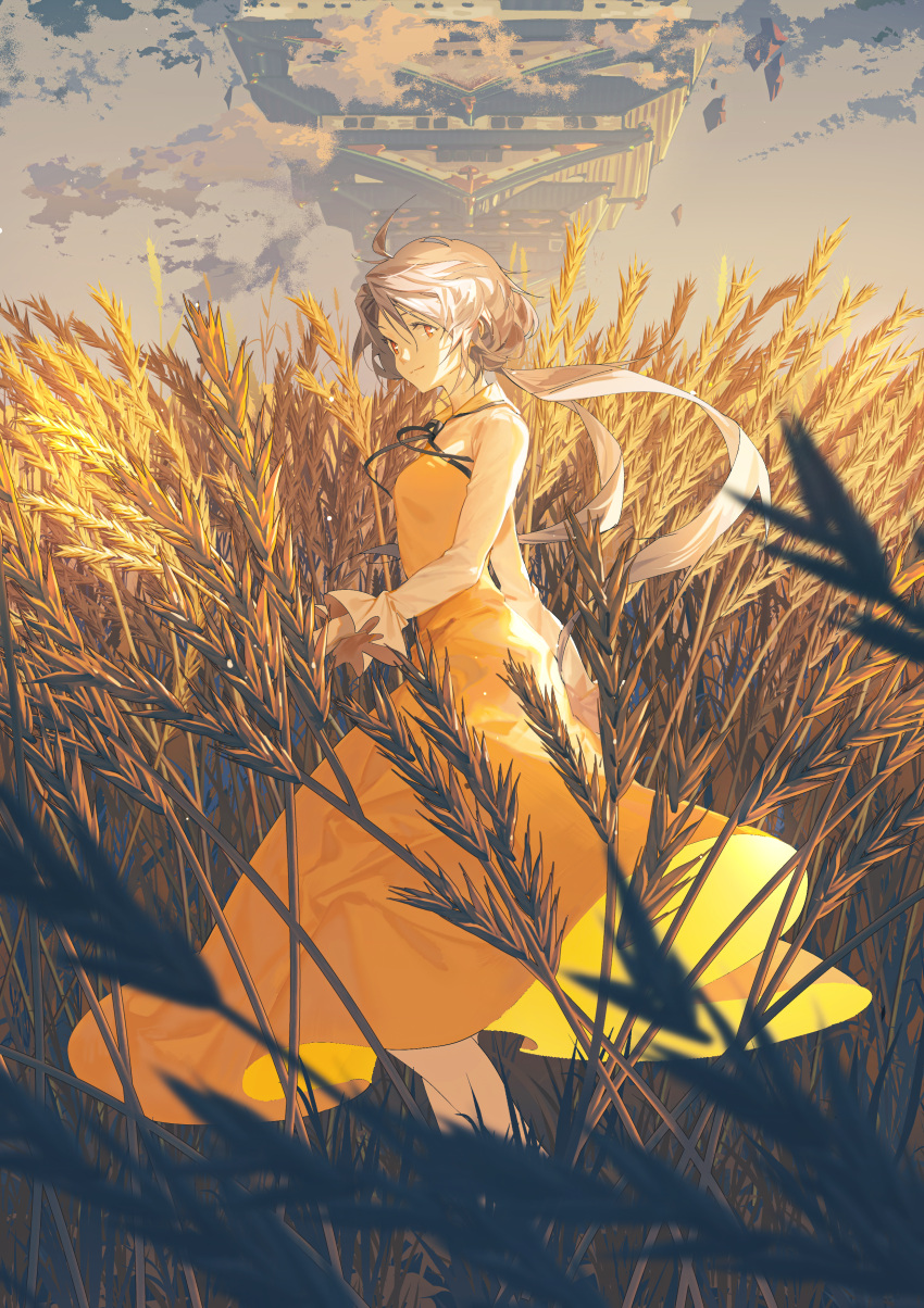 1girl absurdres ahoge bangs blurry blurry_foreground closed_mouth clouds from_side highres huge_filesize long_hair long_sleeves looking_at_viewer orange_eyes ouka_musci outdoors purple_hair rock sky smile solo standing touhou tsukumo_benben wheat_field