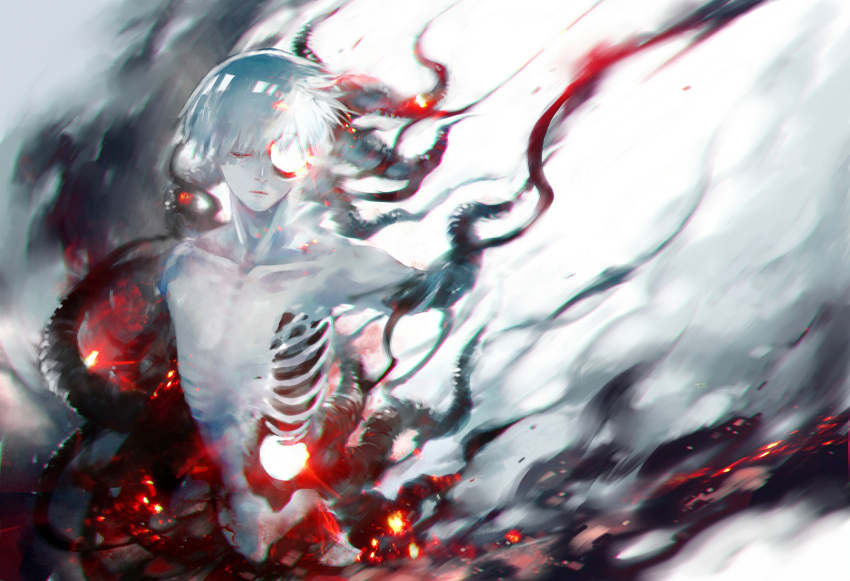 1boy bangs black_background closed_mouth colored_skin commentary_request embers facing_viewer grey_background grey_hair grey_skin highres hole_in_face kagune_(tokyo_ghoul) kaneki_ken koujima_shikasa male_focus red_background red_eyes ribs shiny shiny_hair shirtless short_hair solo tentacles tokyo_ghoul white_hair