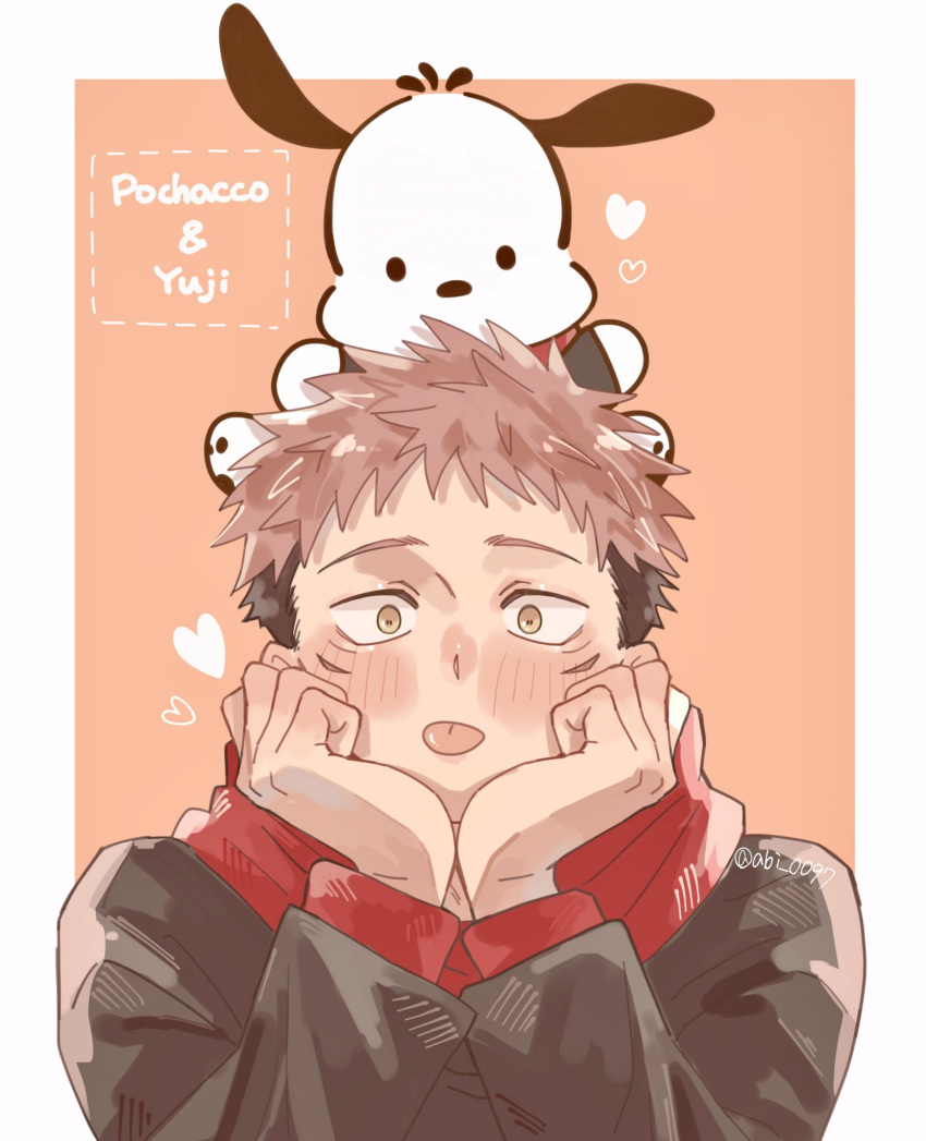 1boy abi_0097 animal black_hair black_jacket blush brown_background brown_eyes brown_hair character_name dog facial_mark hands_up head_rest heart highres hood hood_down hoodie itadori_yuuji jacket jujutsu_kaisen long_sleeves looking_at_viewer pochacco red_hoodie sanrio short_hair tongue tongue_out twitter_username undercut