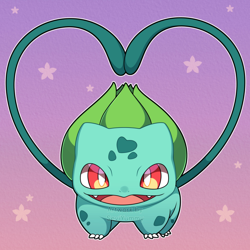 absurdres bulbasaur commentary commission english_commentary fangs gradient gradient_background heart highres looking_at_viewer open_mouth outline pink_background pokemon pokemon_(creature) red_eyes sevi_(seviyummy) smile solo standing watermark white_outline