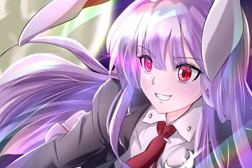 1girl animal_ears bangs blazer blush eyebrows_visible_through_hair full_moon glowing glowing_eye grin hair_between_eyes jacket light_purple_hair long_hair long_sleeves looking_to_the_side moon necktie night night_sky rabbit_ears rainbow_gradient red_eyes red_neckwear reisen_udongein_inaba shiny shirt sky smile solo takinohamira touhou white_shirt