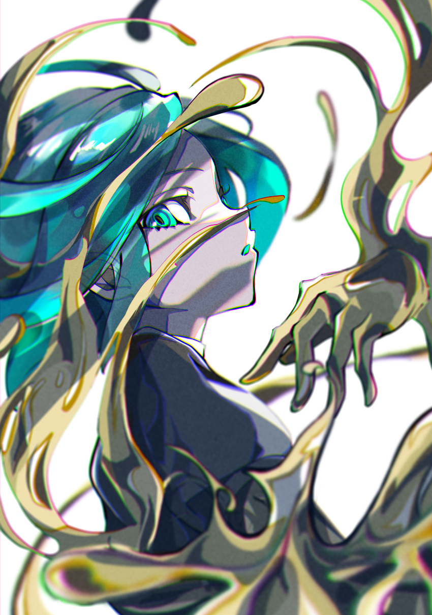 1other absurdres androgynous bangs commentary_request crystal_hair from_side gem_uniform_(houseki_no_kuni) golden_arms green_eyes green_hair highres houseki_no_kuni huge_filesize looking_at_viewer molten_metal natsume_hinako open_mouth phosphophyllite short_hair simple_background solo white_background