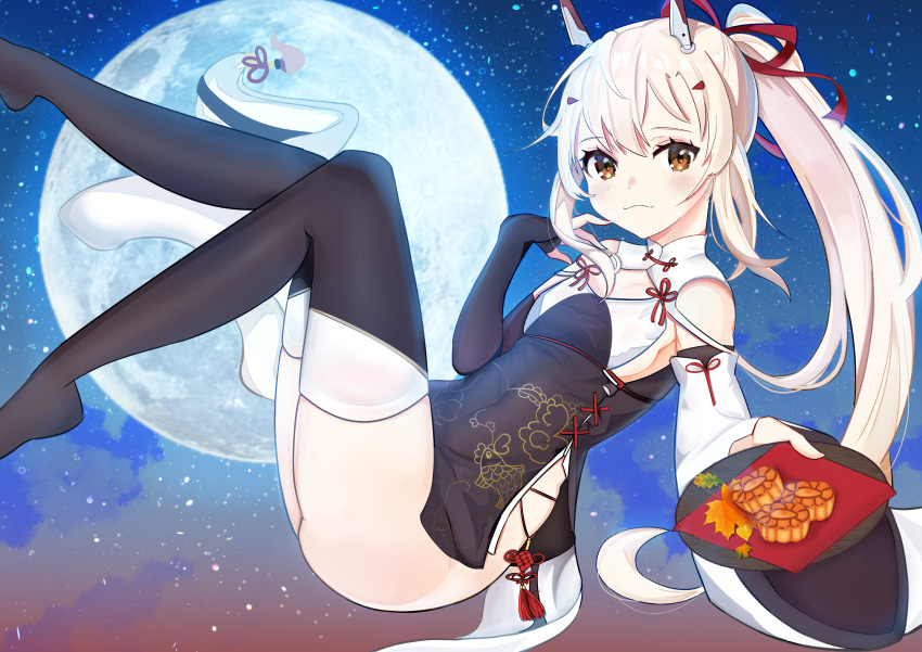 1girl :3 absurdres ass asymmetrical_sleeves ayanami_(azur_lane) ayanami_(lunar_demon_god)_(azur_lane) azur_lane bangs black_legwear china_dress chinese_clothes clouds cloudy_sky commentary_request detached_sleeves dress eyebrows_visible_through_hair full_moon hair_between_eyes hair_ornament hairclip highres holding holding_plate long_hair looking_at_viewer mismatched_sleeves moon mooncake night night_sky orange_eyes plate ponytail retrofit_(azur_lane) side_slit sidelocks silver_hair sitting sky smile solo star_(sky) starry_sky thigh-highs wide_sleeves yakiimo_imo