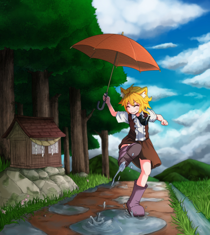 1girl after_rain ahoge animal_ear_fluff animal_ears asymmetrical_hair bangs black_neckwear blonde_hair blue_sky boots brown_skirt brown_vest closed_eyes closed_mouth clouds collared_shirt commentary_request cookie_(touhou) day eyebrows_visible_through_hair forest fox_ears fox_girl full_body grass highres holding holding_umbrella kicking medium_hair miramikaru_riran nature necktie outdoors path puddle purple_footwear rock rubber_boots shirt short_sleeves shrine sidelocks skirt sky smile solo umbrella vest water white_shirt yan_pai