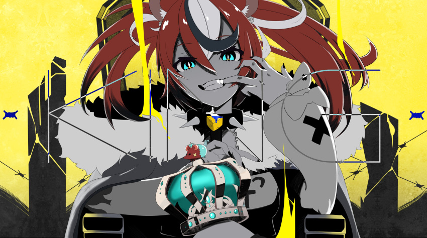 1girl animal_ears bangs black_hair black_nails blue_eyes choker crown crown_removed english_commentary hakos_baelz head_tilt highres hololive hololive_english king_(vocaloid) majora_yurei_(artist) mouse mouse_ears mouse_girl mouth_pull mr._squeaks_(hakos_baelz) multicolored_hair redhead sitting smile solo spiked_choker spikes streaked_hair throne twintails virtual_youtuber white_hair