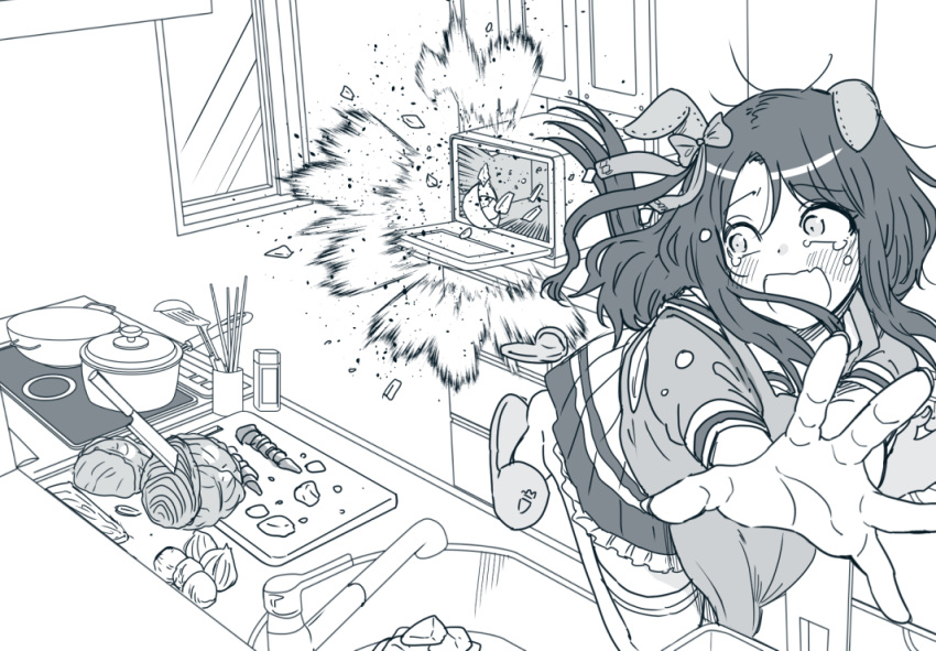 1girl animal_ears apron bow bowl carrot chopsticks ear_covers explosion fleeing greyscale horse_ears horse_girl horse_tail indoors king_halo_(umamusume) kitchen knife lettuce long_hair microwave monochrome omaep one_side_up open_mouth pot puffy_short_sleeves puffy_sleeves school_uniform short_sleeves sink skirt slippers solo stove sweatdrop tail tail_raised tracen_school_uniform umamusume window wok