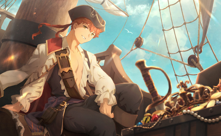 1boy absurdres bangs black_pants boots clouds day emiya_shirou fate/stay_night fate_(series) hat highres jacket jacket_over_shoulder kado_colda long_sleeves looking_at_viewer male_focus official_alternate_costume open_clothes open_shirt orange_eyes outdoors pants pirate pirate_costume pirate_hat pirate_ship redhead shirt short_hair sitting sky smile solo teeth white_jacket white_shirt