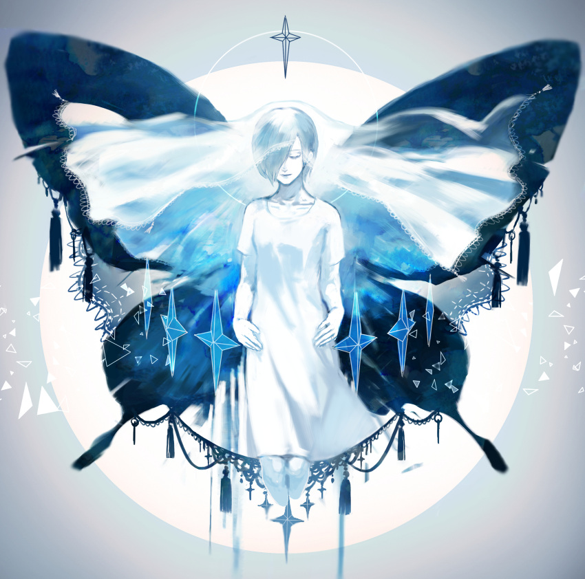 1girl absurdres alternate_costume bangs blue_hair bug butterfly butterfly_wings closed_eyes collarbone colored_skin cropped_legs dress gradient gradient_background grey_background hair_over_one_eye highres kirishima_touka koujima_shikasa short_hair short_sleeves smile solo tokyo_ghoul tokyo_ghoul:re veil white_background white_dress white_skin wings