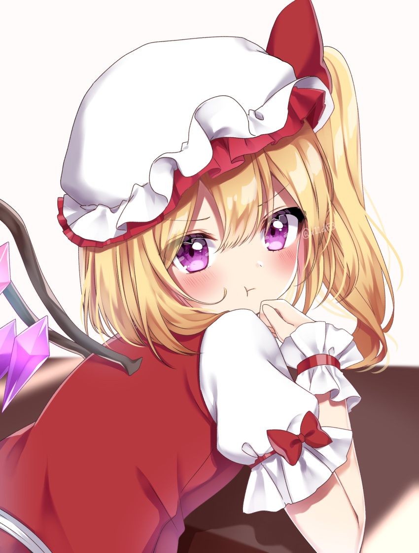 1girl :t absurdres against_table alternate_eye_color artist_name bangs blonde_hair blush bow closed_mouth commentary_request crystal eyebrows_visible_through_hair flandre_scarlet hair_between_eyes hair_bow hand_on_own_chin hat highres looking_at_viewer looking_back mob_cap one_side_up pout puffy_short_sleeves puffy_sleeves red_bow red_vest shiki_(s1k1xxx) short_hair short_sleeves simple_background solo touhou upper_body vest violet_eyes white_background white_headwear wings wrist_cuffs