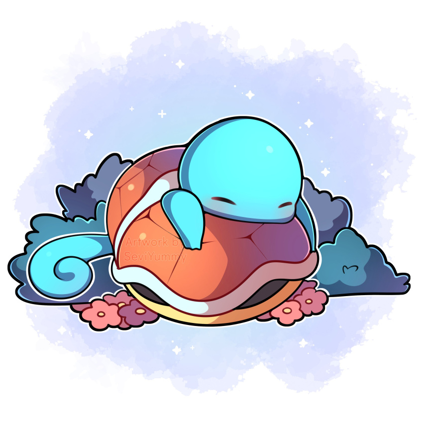 absurdres artist_name blue_background bush closed_eyes commentary english_commentary flower highres no_humans pink_flower pokemon pokemon_(creature) sevi_(seviyummy) shell sleeping sparkle squirtle watermark white_background