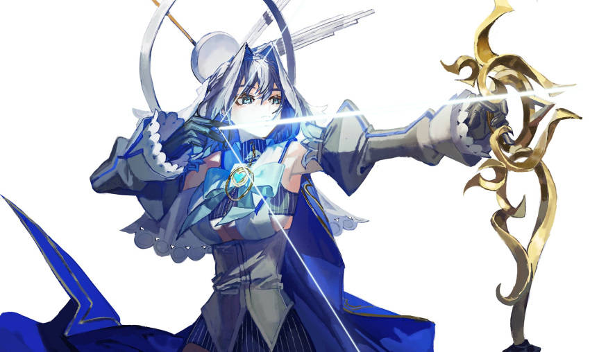 1girl aiming bangs black_hair black_skirt blue_bow blue_cape blue_eyes bow bow_(weapon) breasts cape clothing_cutout detached_sleeves energy_arrow expressionless hair_intakes halo heart highres holding holding_bow_(weapon) holding_weapon hololive hololive_english large_breasts ouro_kronii quasarcake short_hair skirt solo under_boob underboob_cutout virtual_youtuber weapon white_background
