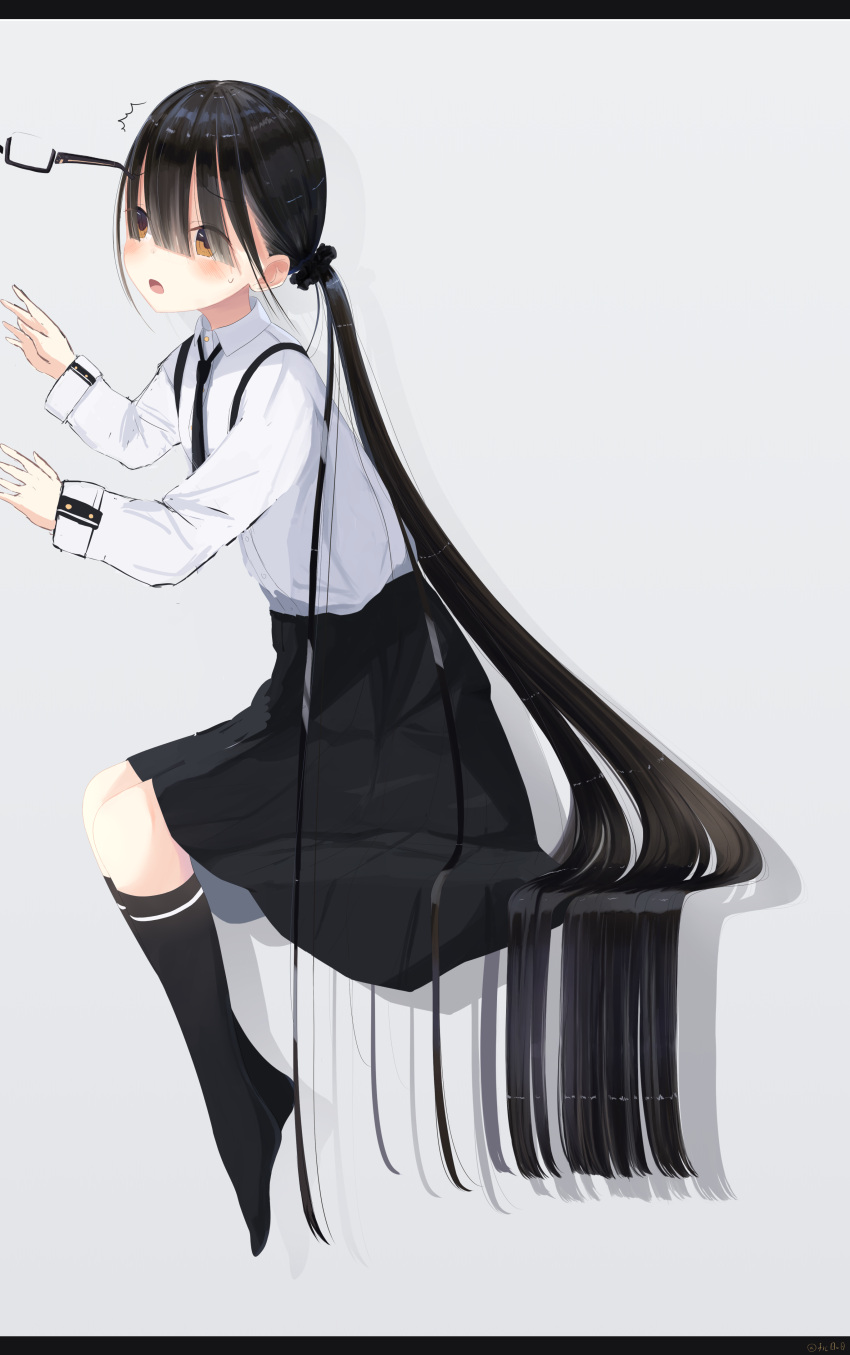 1girl ^^^ absurdres bangs black_hair black_legwear black_neckwear black_skirt blush brown_eyes collared_shirt eyewear_removed force_(fossan_01) glasses hair_between_eyes hair_tie hands_up highres kneehighs long_hair long_sleeves necktie no_shoes open_mouth original shirt simple_background sitting skirt surprised suspender_skirt suspenders very_long_hair white_shirt