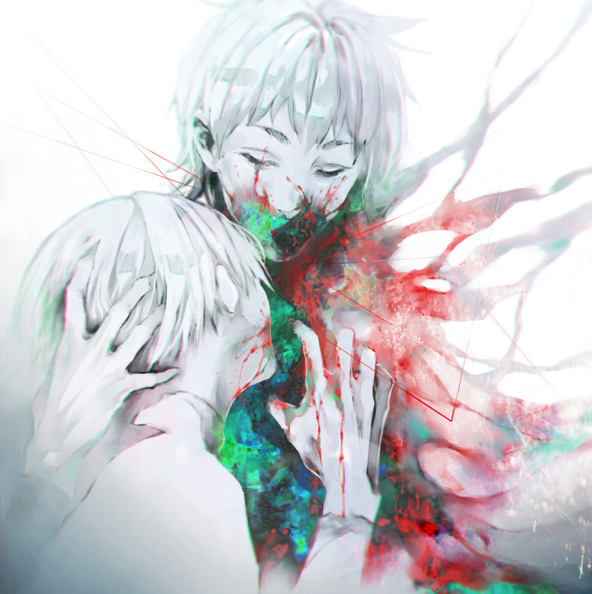 2boys absurdres androgynous bangs biting blood blood_on_face blood_on_hands closed_eyes commentary_request from_side gradient gradient_background hand_in_another's_hair hand_up highres kaneki_ken koujima_shikasa long_sleeves male_focus multicolored multiple_boys nagachika_hideyoshi shirt short_hair simple_background tokyo_ghoul upper_body white_background