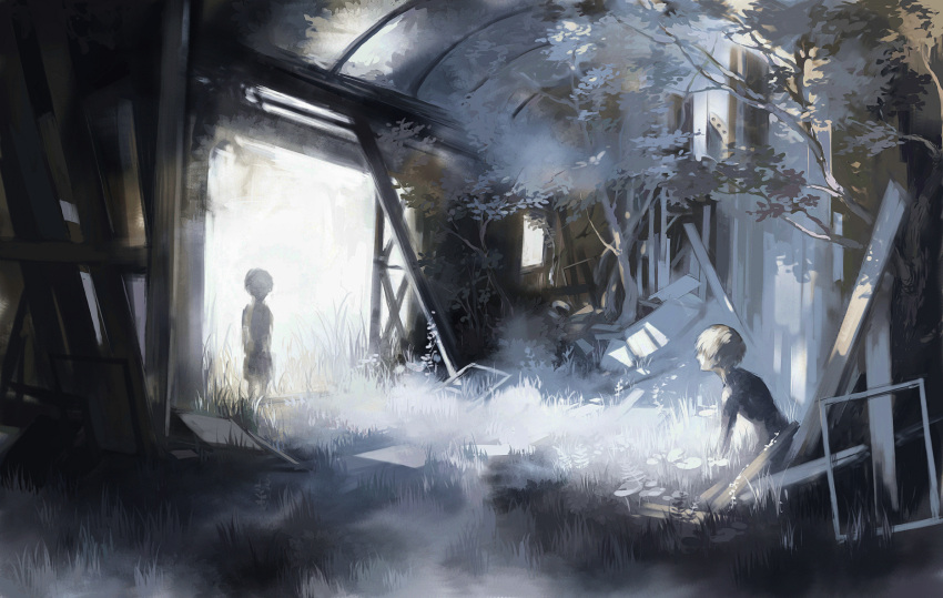 2boys bangs black_bodysuit bodysuit commentary_request dual_persona from_side grass hair_over_one_eye highres indoors kaneki_ken koujima_shikasa light long_sleeves looking_at_another multiple_boys nature outdoors plant ruins short_hair standing tokyo_ghoul tree window younger