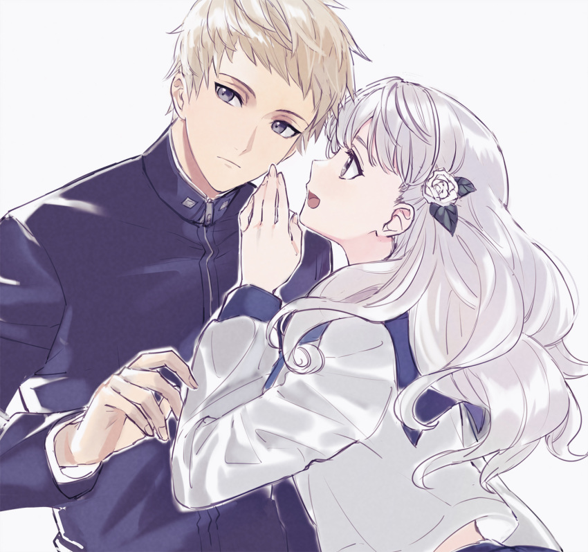 1boy 1girl cezaria couple expressionless flower fuyusaka_iori gakuran grey_eyes grey_hair hair_flower hair_ornament highres juusan_kihei_bouei_ken long_hair long_sleeves open_mouth sailor_collar school_uniform sekigahara_ei shirt short_hair silver_hair simple_background smile upper_body whispering