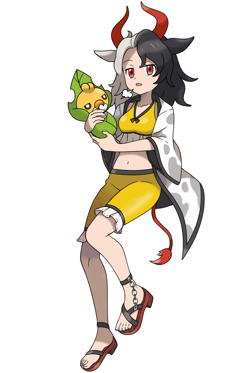 1girl absurdres animal_ears animal_print asatsuki_(fgfff) black_hair breasts chain cow_ears cow_girl cow_horns cow_print cow_tail frilled_shorts frills haori highres horns japanese_clothes medium_breasts midriff multicolored_hair navel open_mouth pokemon red_eyes red_footwear red_horns red_tail sandals shorts simple_background stomach tail tank_top touhou two-tone_hair ushizaki_urumi white_background white_hair yellow_shorts yellow_tank_top