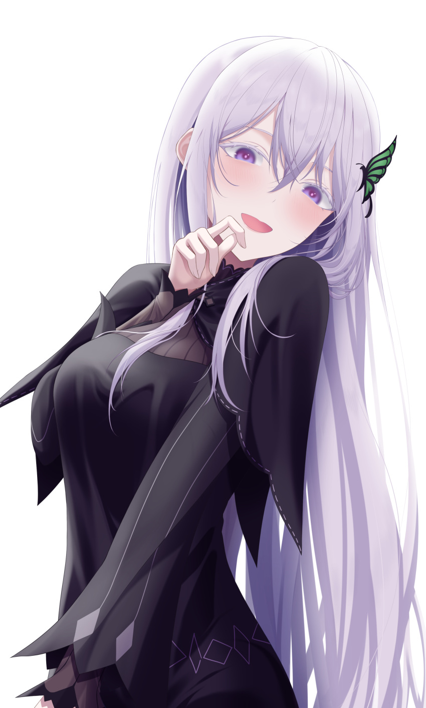 1girl :d absurdres bangs black_capelet black_dress blush breasts butterfly_hair_ornament capelet commentary_request cowboy_shot dress echidna_(re:zero) eyebrows_visible_through_hair hair_between_eyes hair_ornament hand_up highres kikata_(hata_nanokana) large_breasts long_hair long_sleeves looking_at_viewer open_mouth re:zero_kara_hajimeru_isekai_seikatsu simple_background smile solo violet_eyes white_background