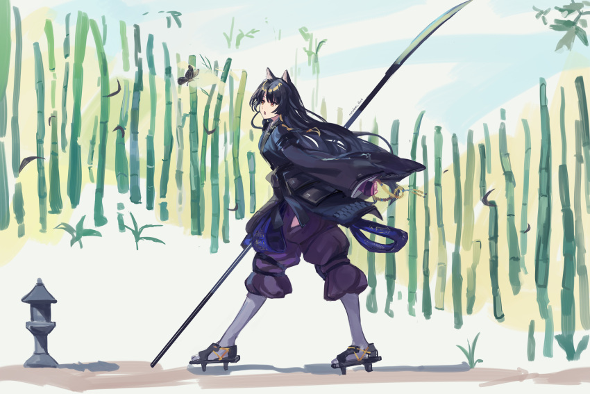 1girl animal_ears arknights armor artist_name bamboo bamboo_forest bangs black_hair braid branch buddhism bug butterfly dog_ears flock forest from_side full_body gauntlets geta highres holding holding_polearm holding_weapon japanese_armor japanese_clothes long_hair long_sleeves looking_up naginata nature open_mouth orange_eyes polearm saga_(arknights) solo stone_lantern surprised walking weapon wide_sleeves